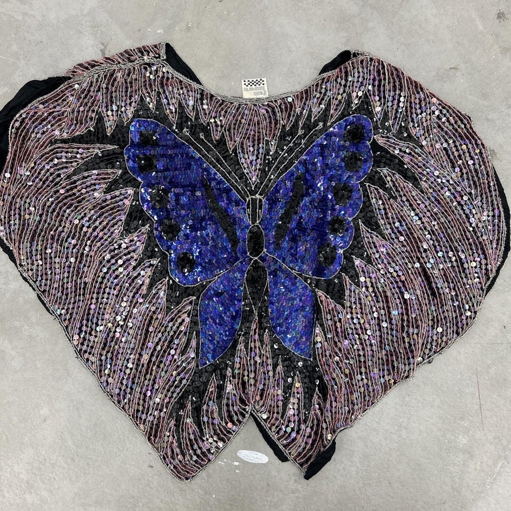 Vintage 1970s Retro Disco Boho Beaded‎ Sequin Butterfly Silk Top - Picture 5 of 9